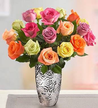 Assorted Valentine Roses, 18 Stems with Vase