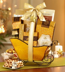 Festive Gold Holiday Sleigh Gift Basket - Gold Sleigh