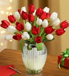 Jolly Holiday Tulips, 30 for $30 with Free Vase - 30 Stems with Silver Vase