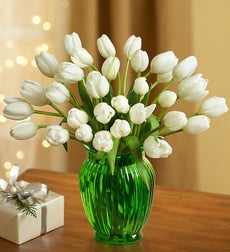Winter Snowflake Tulips, 30 for $30 + Green Vase - 30 Stems with Free Green Vase