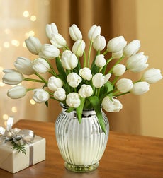 Winter Snowflake Tulips, 30 for $30 + Green Vase - 30 Stems with Silver Vase