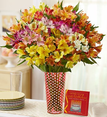 Birthday Gemstone Peruvian Lilies, 50-100 Blooms - 100 Blooms with Pink Polka Dot Vase & Book