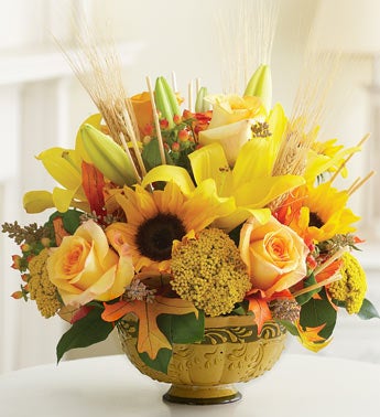 mixed autumn bouquet in centerpiece bowl