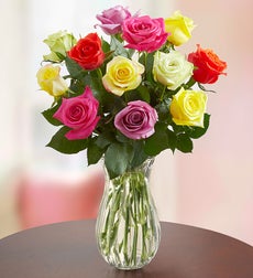 One Dozen Assorted Roses + Free Vase Spring Flowers