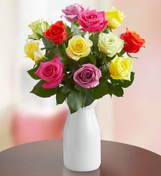  One Dozen Assorted Roses - with White Ceramic Vase 