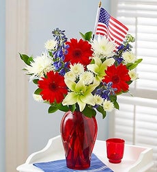Red, White and Beautiful Bouquet with Flag - with Red Vase