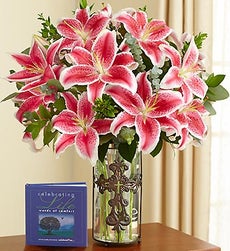 Sympathy Gifts by 1800Flowers. com - Elegant Tribute Lilies in Cross Vase - with Cross Vase and Celebrating Life Book
