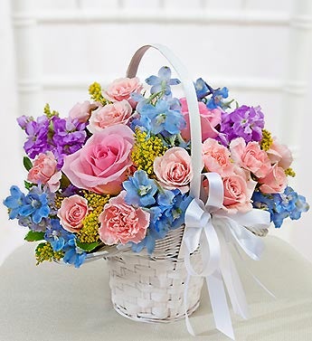 Spring Flower Girl Basket EXCLUSIVE Light pink roses light blue delphinium