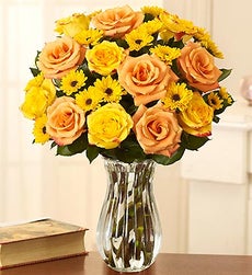  Fair Trade Orange & Yellow Roses with Poms - with Clear Vase 