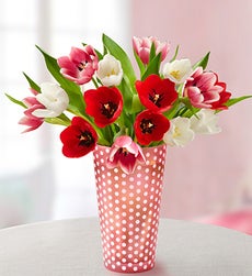 Valentine's Day Tulips - 15 Stems with Pink Polka Dot Vase