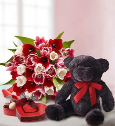 Valentine's Day Tulips with Chocolate & Bear - 30 Stems Bouquet Only