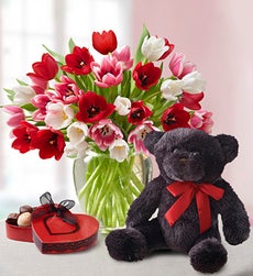 Valentine's Day Tulips with Chocolate & Bear - 30 Stems with Clear Vase