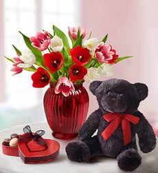 Valentine's Day Tulips with Chocolate & Bear - 15 Stems with Red Ginger Vase