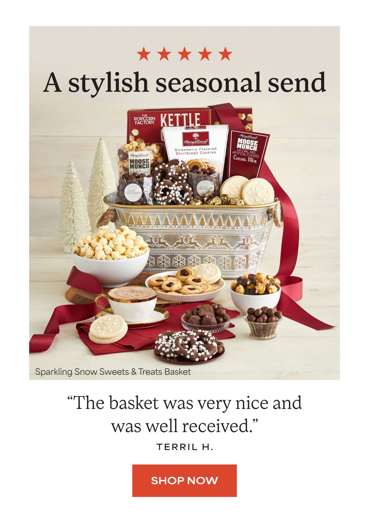 A Stylish Seasonal Send | Sparkling Snow Sweets and Treats Basket | Shop Now